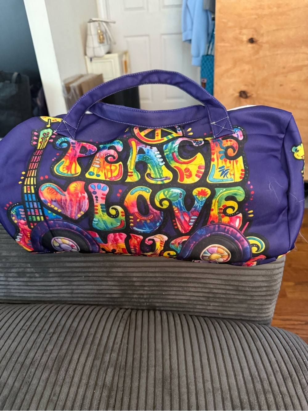 Purple Colorful 'Peace Love' Pattern Weekend Duffel Bag medium sized